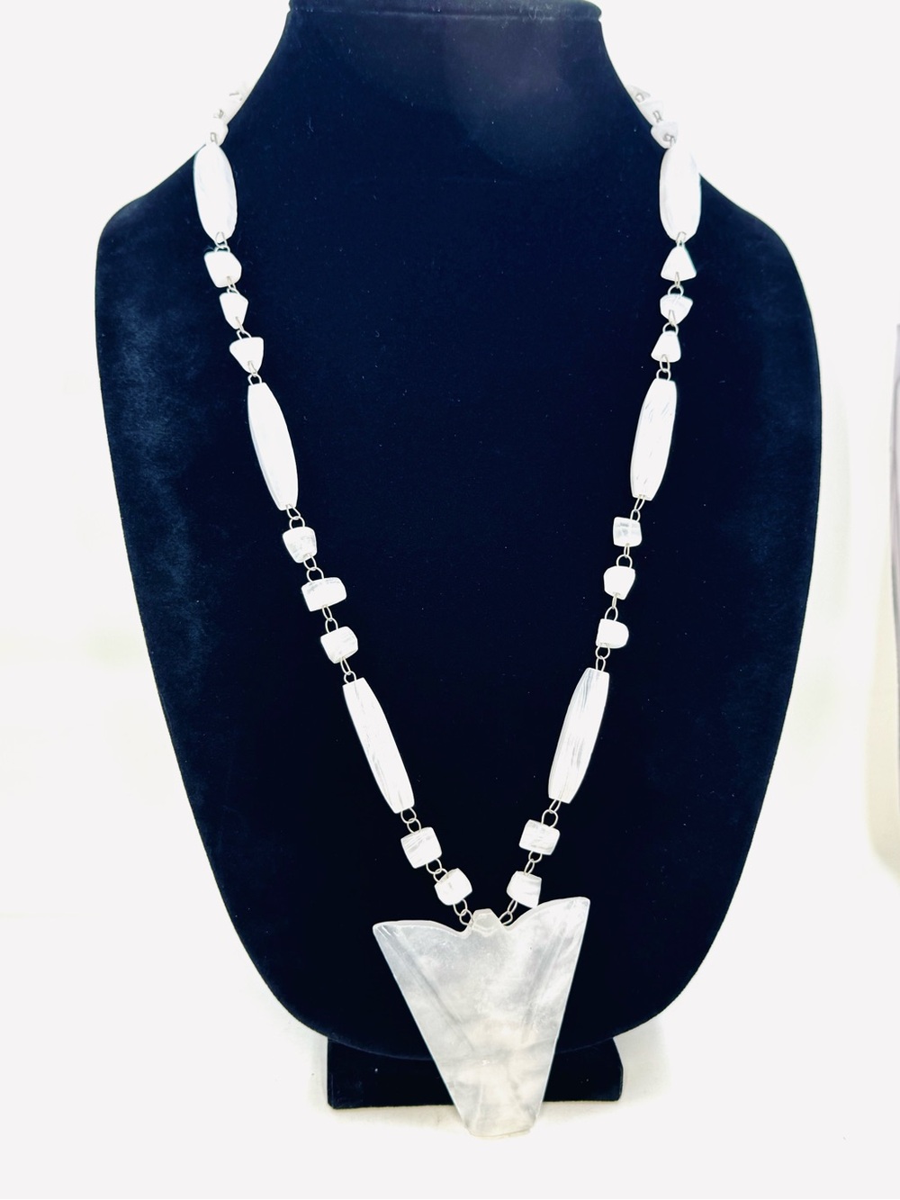 Vintage Silver & Carved White Quartz Mexican Tribal Style Pendant Necklace 28”
